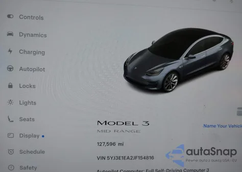 2018 Tesla Model 3 Long Range/Mid Range z USA, uszkodzony, nr VIN 5YJ3E1EA2JF154816
